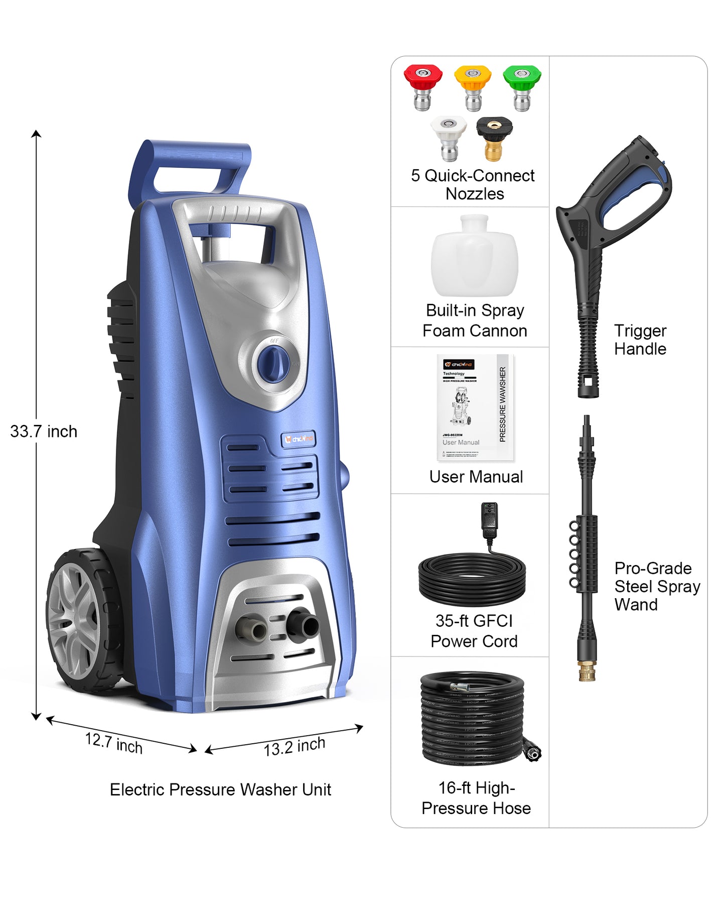 1600WElectric Pressure Washer, 1950psi/1.55Max GPM with Anti-Tipping Technology, Onboard Soap Tank, Pro-Style Steel Wand, 5-Nozzle Set, for Cars/Fences/Driveways/Home/Patios