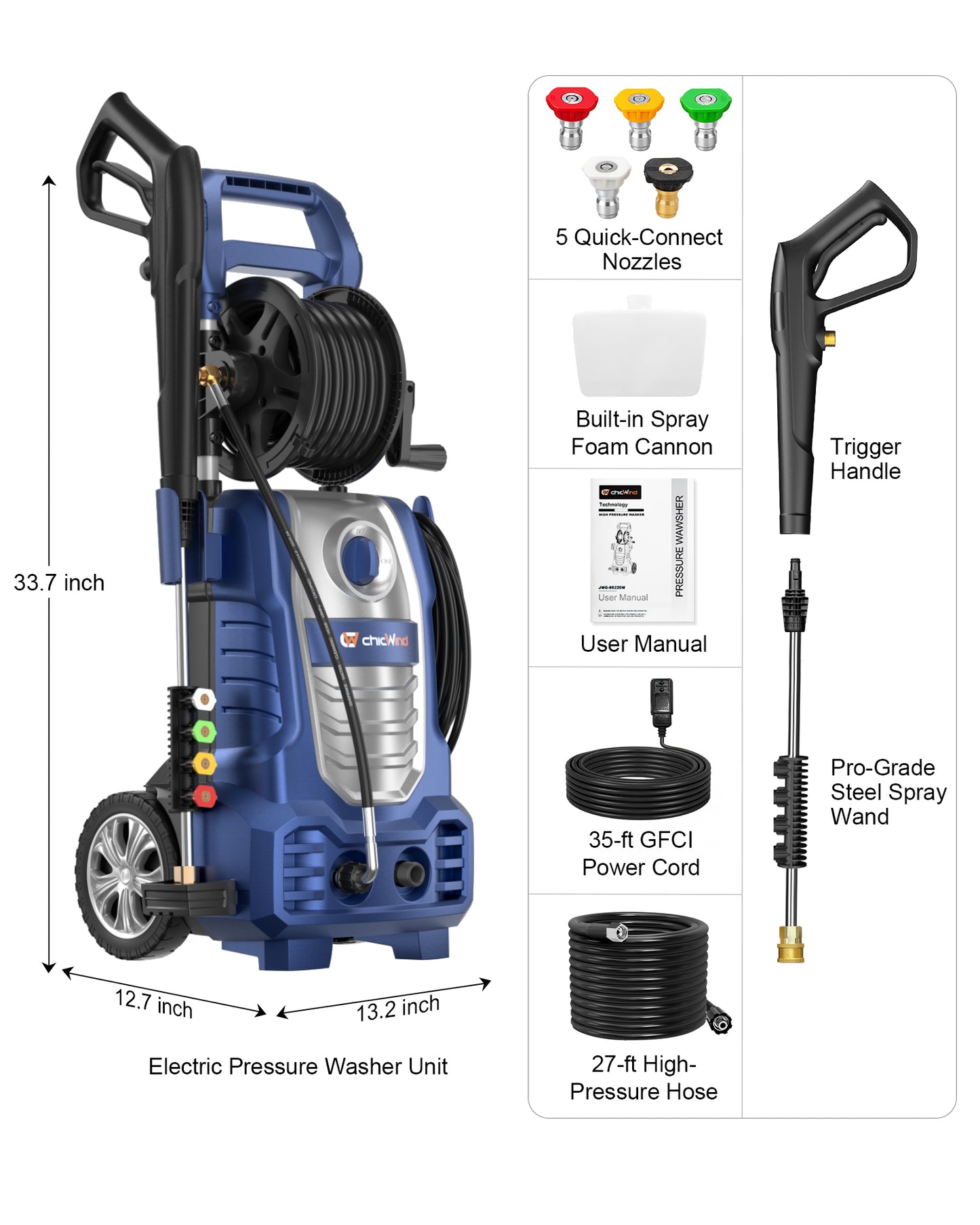 1800WElectric Pressure Washer, 2030psi/1.67Max GPM with Anti-Tipping Technology, Onboard Soap Tank, Pro-Style Steel Wand, 5-Nozzle Set, for Cars/Fences/Driveways/Home/Patios