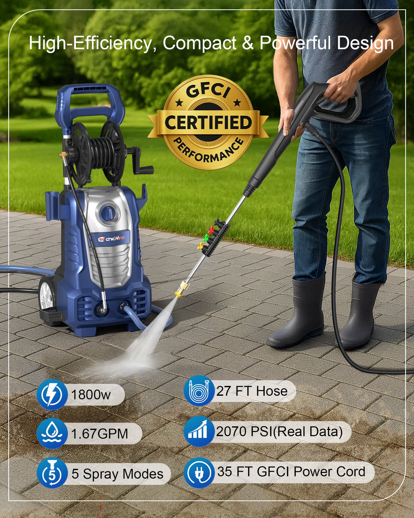 1800W Electric Pressure Washer, 2030psi/1.67Max GPM with Anti-Tipping Technology, Onboard Soap Tank, Pro-Style Steel Wand, 5-Nozzle Set, for Cars/Fences/Driveways/Home/Patios