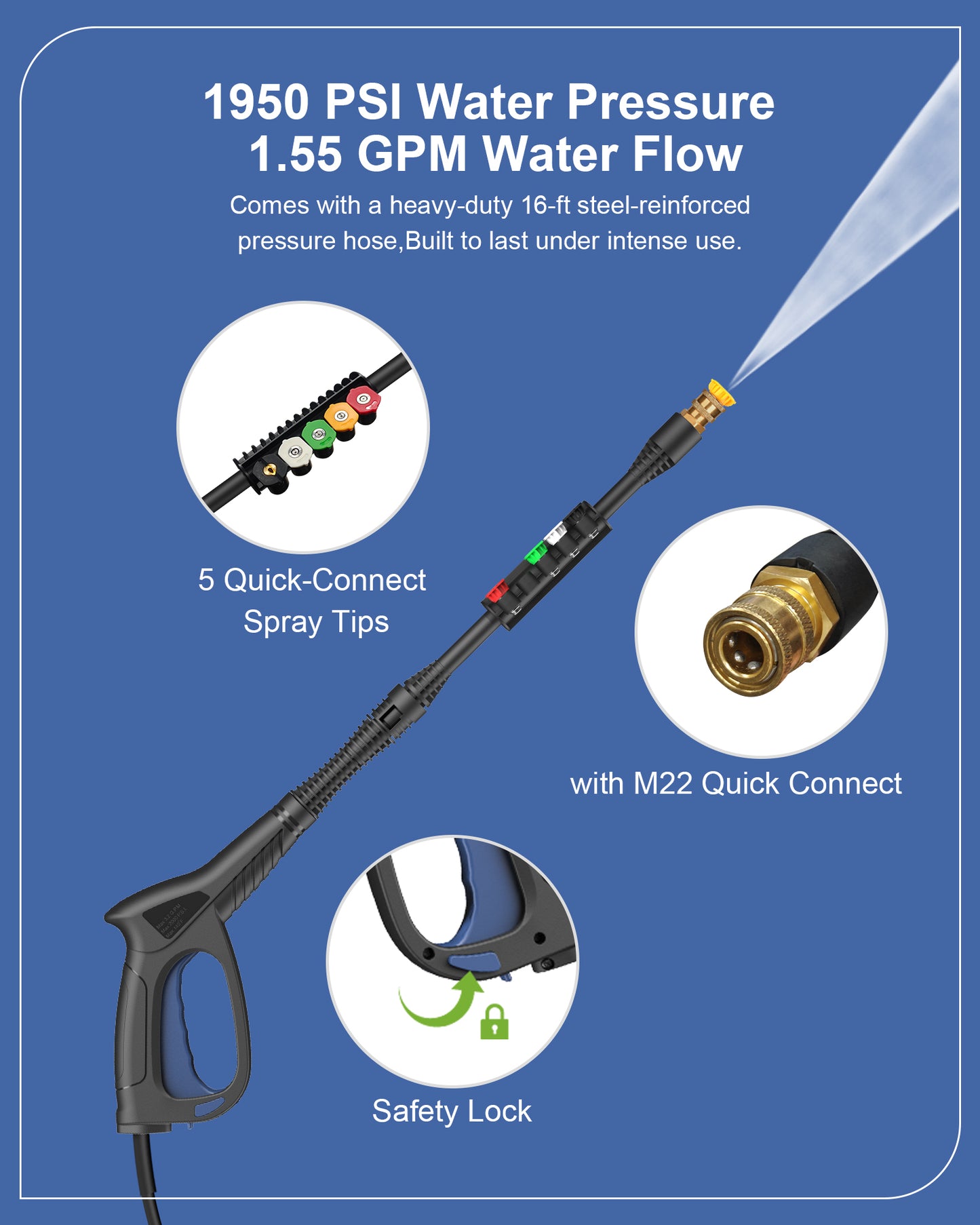 Electric Pressure Washer, 1600W/1950psi/1.55Max GPM with Anti-Tipping Technology, Onboard Soap Tank, Pro-Style Steel Wand, 5-Nozzle Set, for Cars/Fences/Driveways/Home/Patios