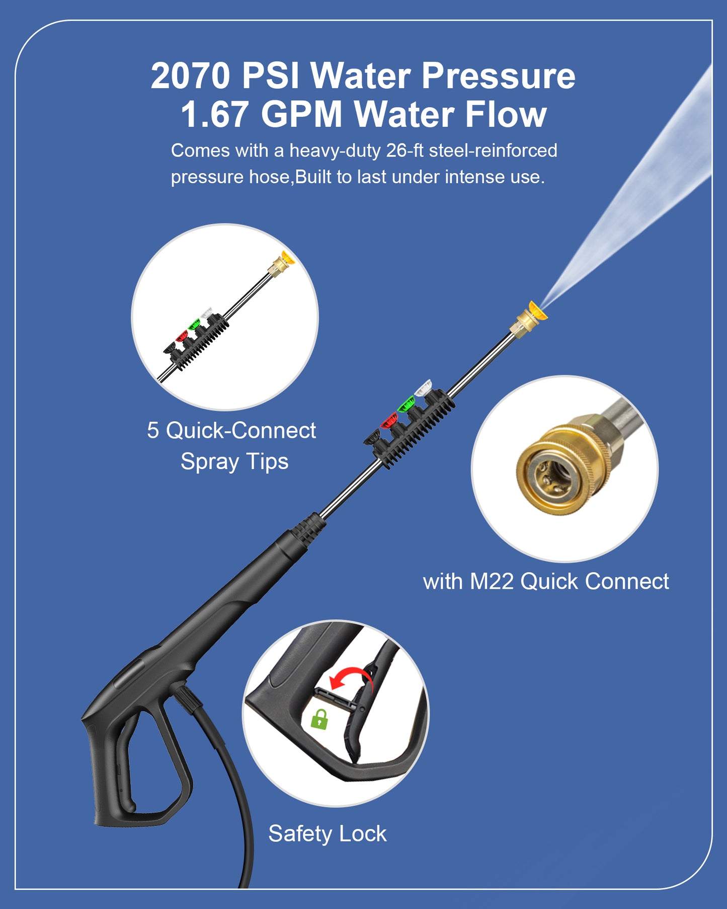 1800W Electric Pressure Washer, 2030psi/1.67Max GPM with Anti-Tipping Technology, Onboard Soap Tank, Pro-Style Steel Wand, 5-Nozzle Set, for Cars/Fences/Driveways/Home/Patios