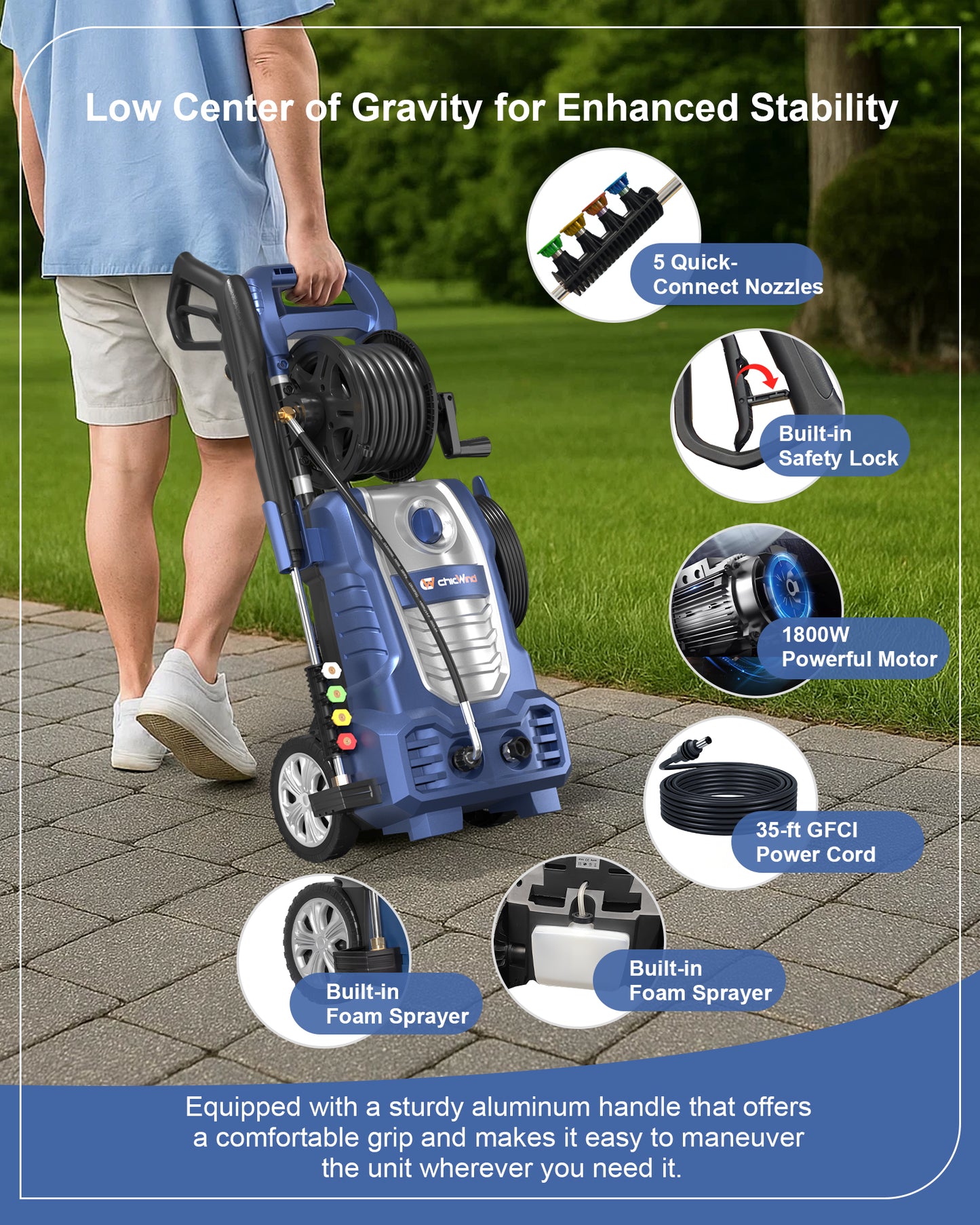 1800WElectric Pressure Washer, 2030psi/1.67Max GPM with Anti-Tipping Technology, Onboard Soap Tank, Pro-Style Steel Wand, 5-Nozzle Set, for Cars/Fences/Driveways/Home/Patios