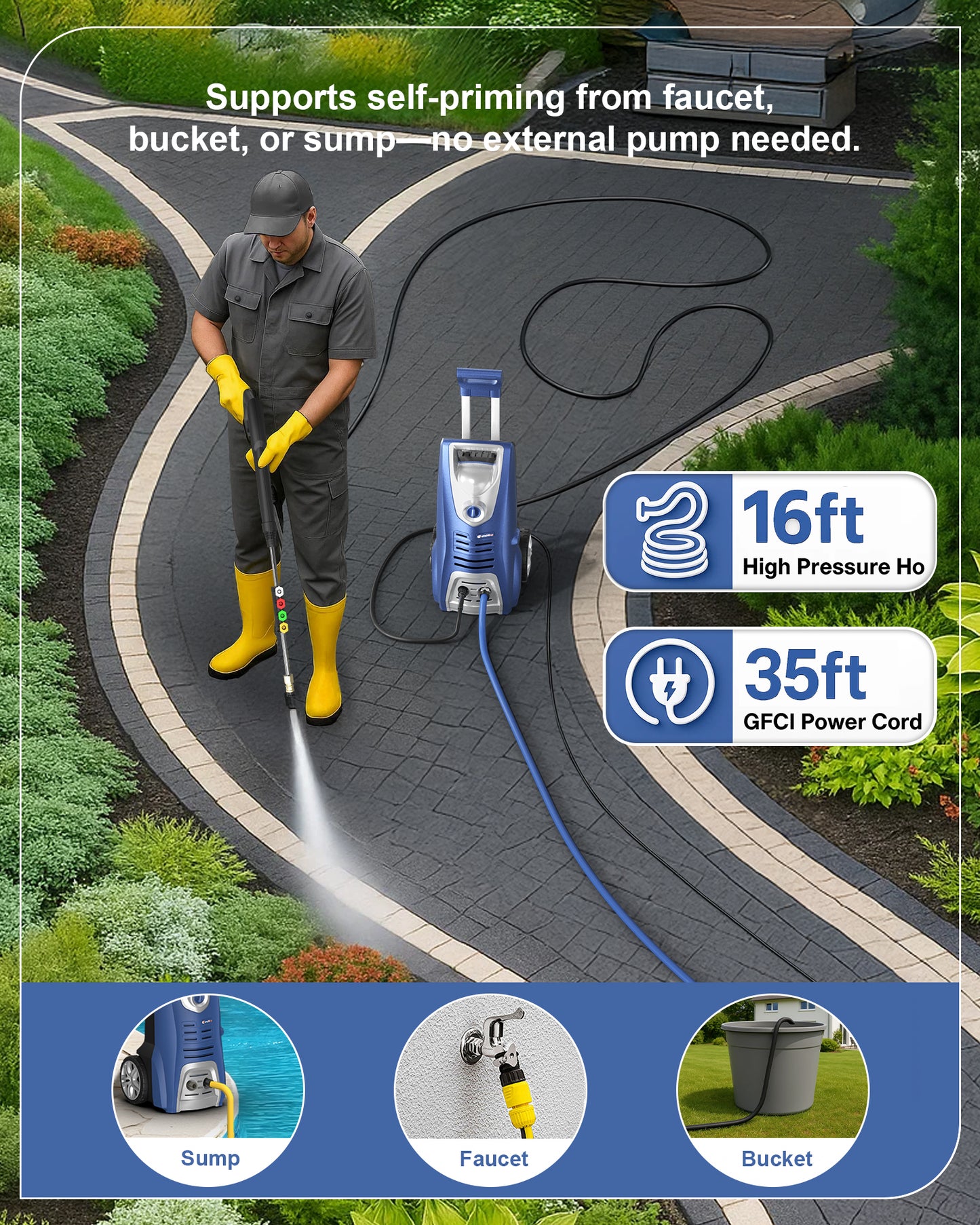 1600WElectric Pressure Washer, 1950psi/1.55Max GPM with Anti-Tipping Technology, Onboard Soap Tank, Pro-Style Steel Wand, 5-Nozzle Set, for Cars/Fences/Driveways/Home/Patios