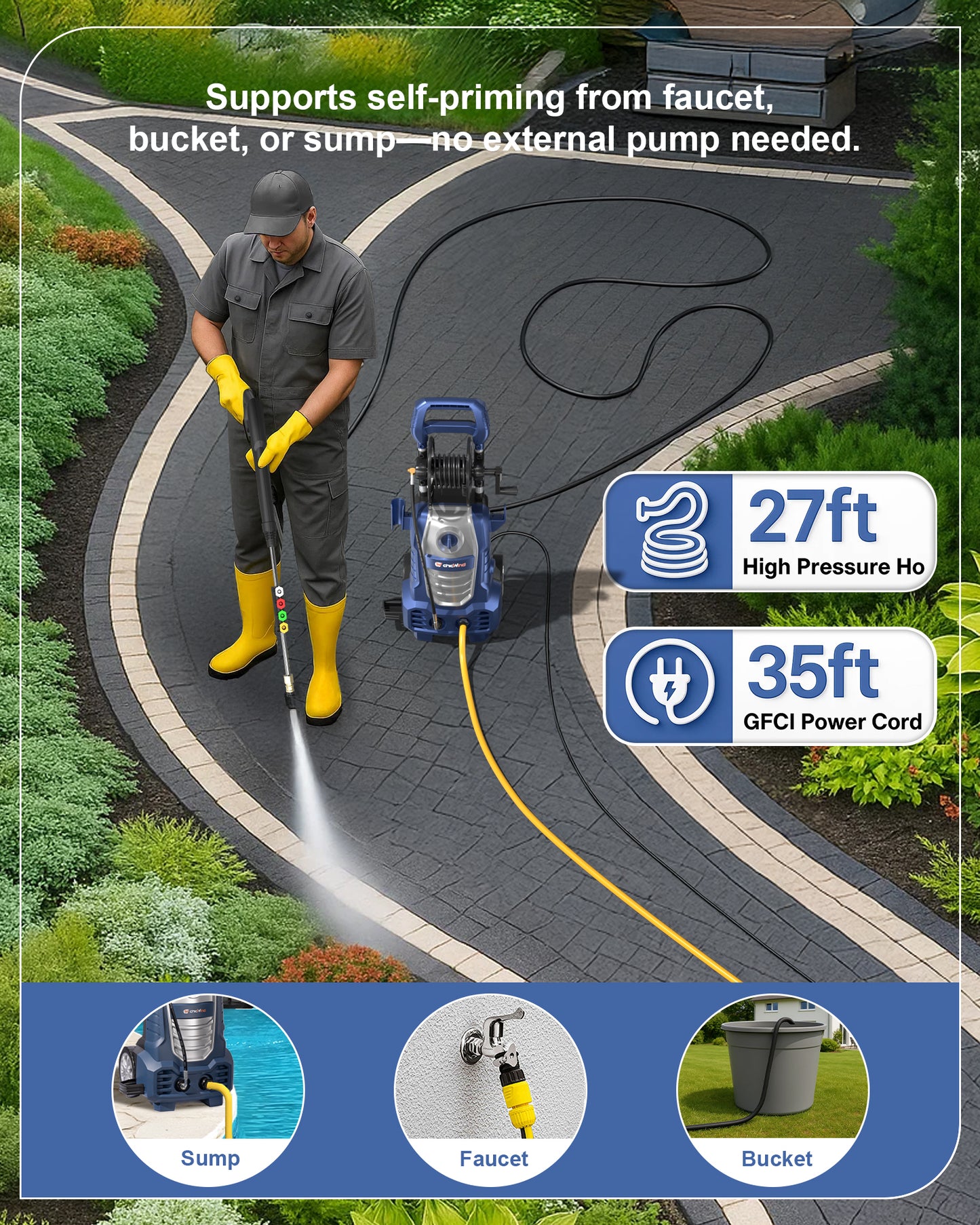 1800WElectric Pressure Washer, 2030psi/1.67Max GPM with Anti-Tipping Technology, Onboard Soap Tank, Pro-Style Steel Wand, 5-Nozzle Set, for Cars/Fences/Driveways/Home/Patios