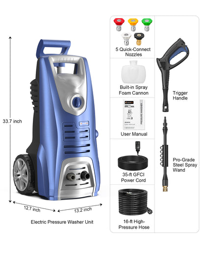 Electric Pressure Washer, 1600W/1950psi/1.55Max GPM with Anti-Tipping Technology, Onboard Soap Tank, Pro-Style Steel Wand, 5-Nozzle Set, for Cars/Fences/Driveways/Home/Patios