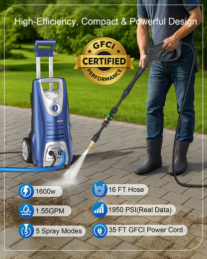 Electric Pressure Washer, 1600W/1950psi/1.55Max GPM with Anti-Tipping Technology, Onboard Soap Tank, Pro-Style Steel Wand, 5-Nozzle Set, for Cars/Fences/Driveways/Home/Patios