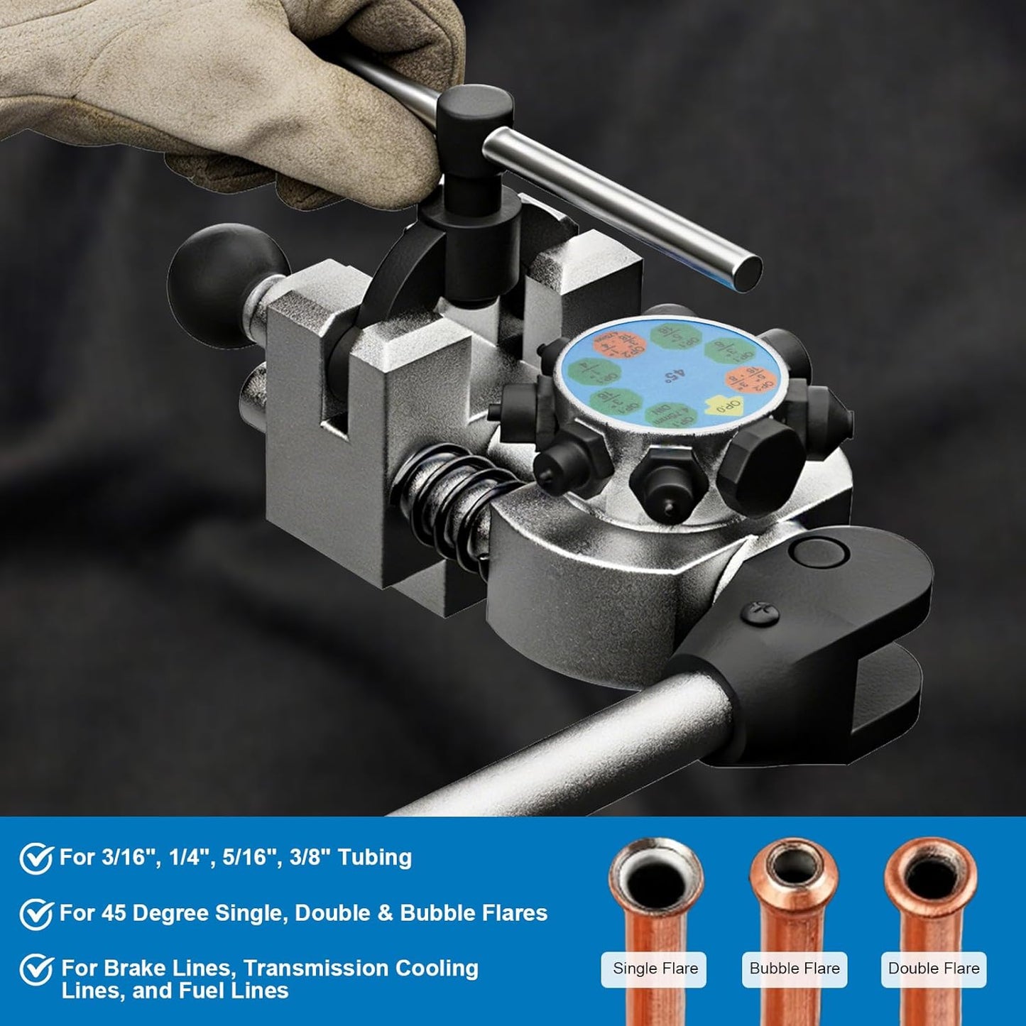 Professional Brake Line Flaring Tool Kit for 45 Degree - Single Bubble & Double Flare Tool, Brake Flare Tool Kit for 3/16", 1/4", 5/16", 3/8" Steel & Copper Tubing