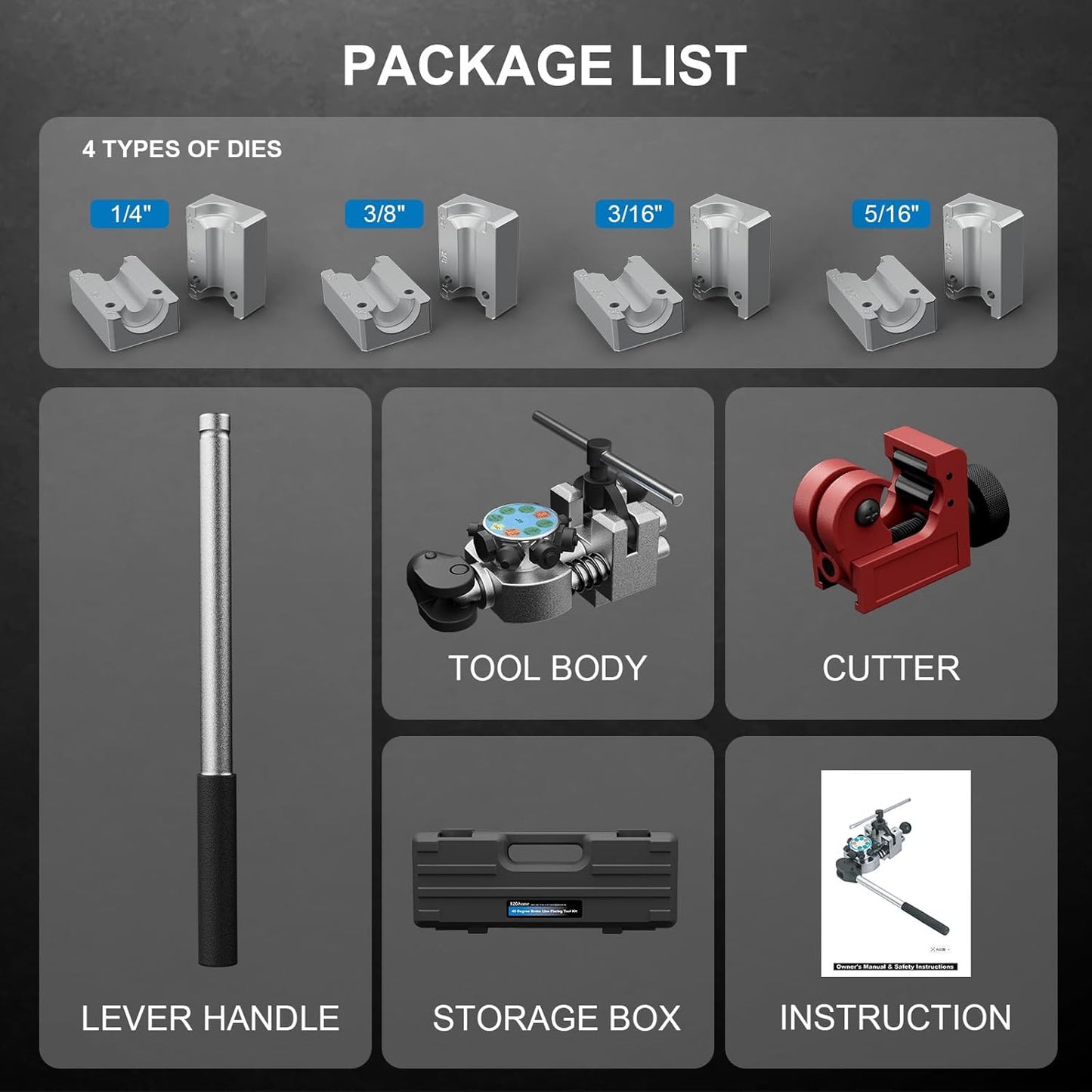 Professional Brake Line Flaring Tool Kit for 45 Degree - Single Bubble & Double Flare Tool, Brake Flare Tool Kit for 3/16", 1/4", 5/16", 3/8" Steel & Copper Tubing