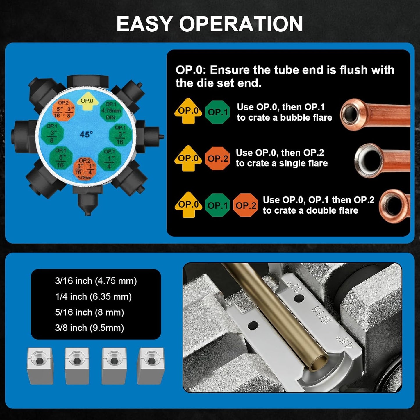 Professional Brake Line Flaring Tool Kit for 45 Degree - Single Bubble & Double Flare Tool, Brake Flare Tool Kit for 3/16", 1/4", 5/16", 3/8" Steel & Copper Tubing